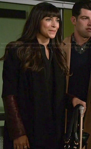 Cece’s black coat with burgundy leather sleeves on New Girl