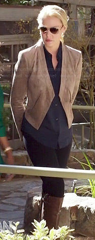 Charlie’s taupe suede jacket and navy long sleeve blouse on State of Affairs