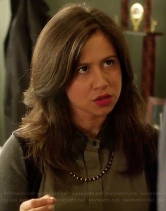 Chloe’s army green button down top with leather collar on Manhattan Love Story
