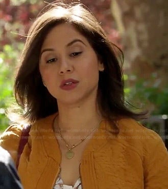 Chloe’s yellow textured bomber jacket on Manhattan Love Story