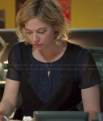 Dana’s black and blue embroidered dress on Manhattan Love Story