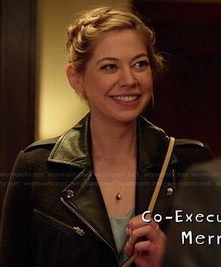 Dana’s black moto jacket with leather collar on Manhattan Love Story