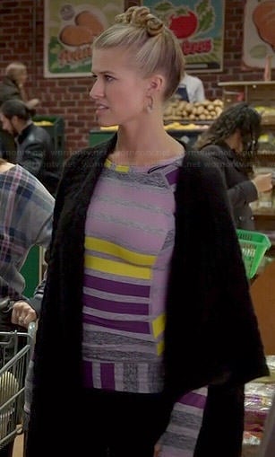 Dennah’s grey and purple striped long sleeve workout top on Marry Me