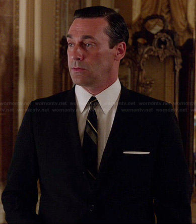 Don’s black suit with diagonal striped tie on Mad Men