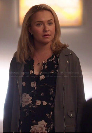 Juliette’s black rose print blouse and grey moto jacket on Nashville