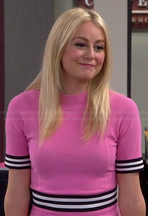 Maddie’s pink striped trim dress on Cristela