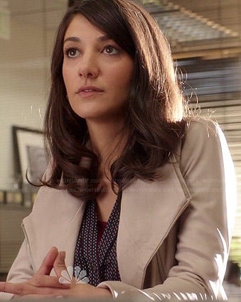 Maureen’s printed blouse and cream leather jacket on State of Affairs