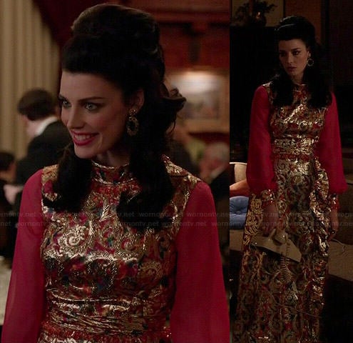 Megan’s gold gown with pink long sleeves on Mad Men