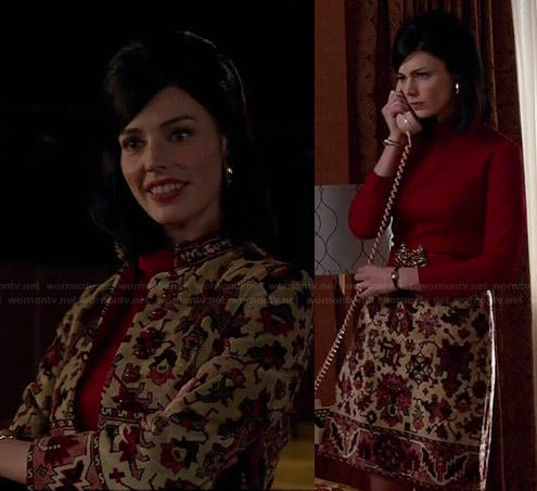 Megan’s patterned coat and skirt with red high neck top on Mad Men