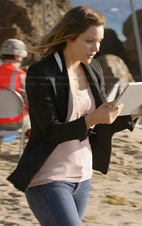 Paige’s pink lace inset top and black blazer with white strips on Scorpion