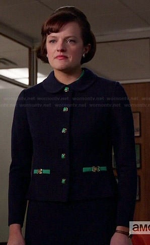 Peggy’s navy skirt suit with green buttons on Mad Men