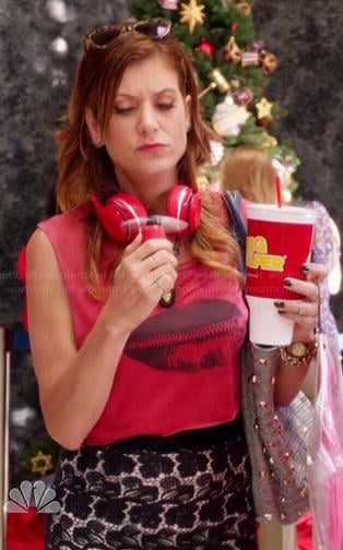 Rebecca’s red zipped lips top and black lace skirt on Bad Judge