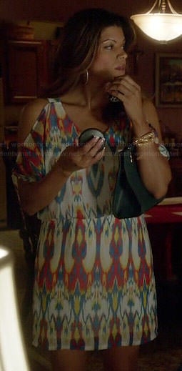 Xiomara’s ikat printed cold shoulder dress on Jane the Virgin