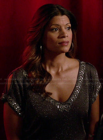 Xiomara’s silver top with beaded trim on Jane the Virgin