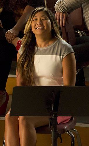 Tina’s grey, white and pink colorblock dress on Glee