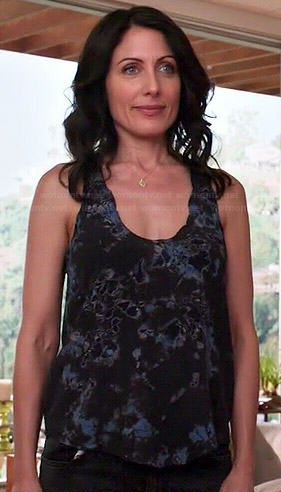 Abby’s blue and black printed tank top on Girlfriends Guide to Divorce