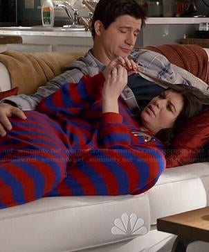 Annie’s striped sock monkey onesie on Marry Me