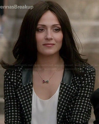 April’s black printed jacket with leather collar on Chasing Life