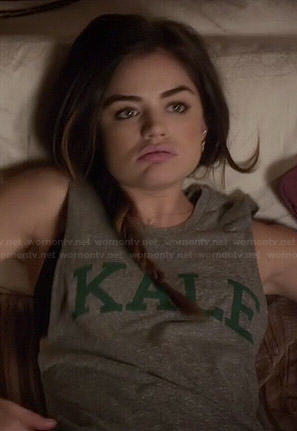 Aria’s ‘KALE’ tank top and printed leggings on Pretty Little Liars