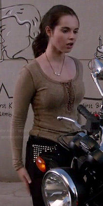 Bay’s brown lace up top and black studded shorts on Switched at Birth