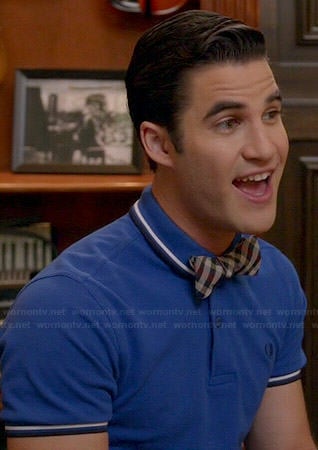 Blaine’s blue polo shirt with white trim and checked bow tie on Glee