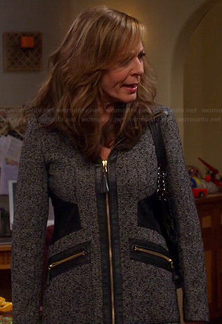 Bonnie’s grey coat with black leather panels on Mom