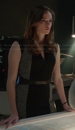 Caitlin’s grey and black front panel dress on The Flash