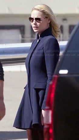 Charlie’s navy blue flared coat on State of Affairs