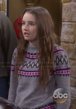 Eve’s grey and pink fair isle sweater on Last Man Standing