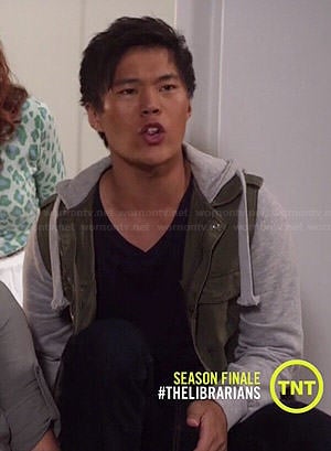 Ezekiel’s green jacket with grey hood and sleeves on The Librarians
