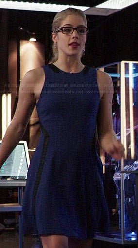 Felicity’s blue dress with black leather insets on Arrow