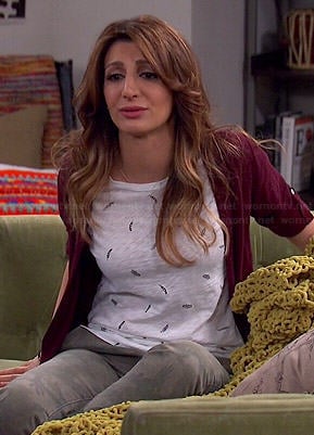 Jane’s feather print tee and camo pants on Mulaney