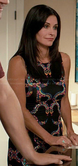 Jules’s multi colored snakes print dress on Cougar Town