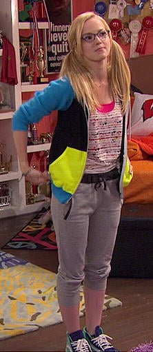 Maddie’s heart print top and colorblock hoodie on Liv and Maddie