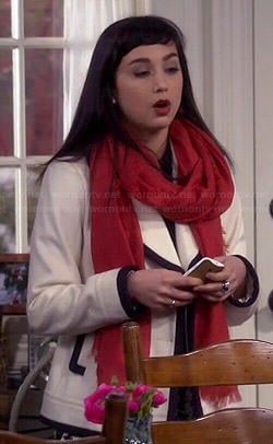 Mandy’s white coat with contrast trim on Last Man Standing