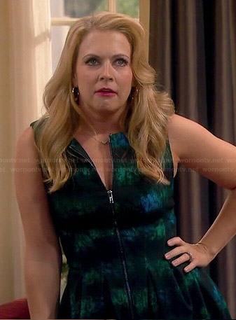 Mel’s black and green printed zip front dress on Melissa and Joey