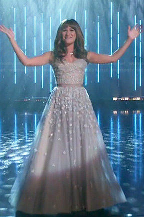 Rachel’s floral strapless gown on Glee