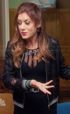 Rebecca’s sheer black bomber jacket on Bad Judge