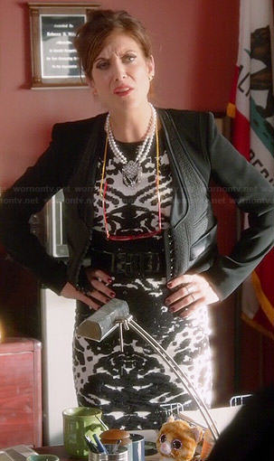 Rebecca’s black and white patterned dress on Bad Judge