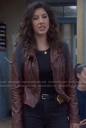 Rosa’s dark red leather jacket with hood on Brooklyn Nine-Nine