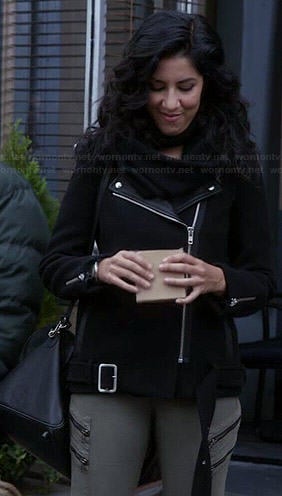 Rosa’s black leather lapel moto jacket and zip front jeans on Brooklyn Nine-Nine