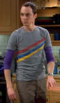 Sheldon’s grey shirt with red, blue and yellow stripes on The Big Bang Theory