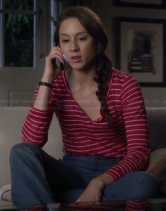Spencer’s red striped henley tee and jeans on Pretty Little Liars