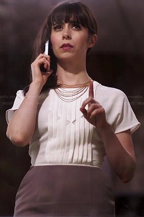 Zelda’s white and taupe pleated front dress on A to Z