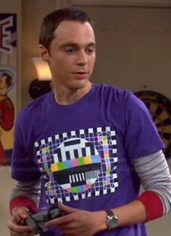 Sheldon’s purple test pattern print shirt on The Big Bang Theory