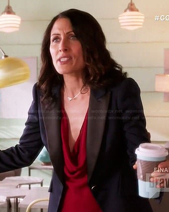 Abby’s red cowl neck top and navy blazer on Girlfriends Guide to Divorce