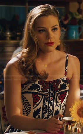 AnnaBeth’s white, navy and red floral dress on Hart of Dixie
