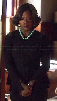Annalise’s black peplum sweater and turquoise necklace on How to Get Away with Murder