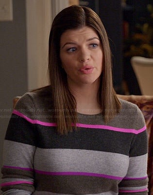 Annie’s grey and pink striped sweater on Marry Me