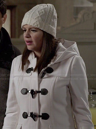 Annie’s white hooded toggle coat on Marry Me